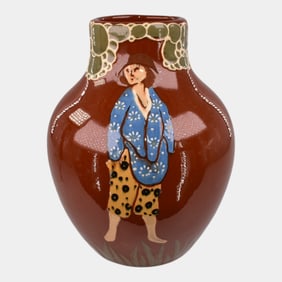 Weller Pottery Rhead Faience Birdimal Oriental Woman Brown Ceramic Vase 509