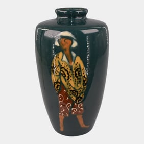 Weller Pottery Rhead Faience Birdimal Oriental Woman Green Ceramic Vase