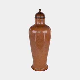 Bernard Moore Burnt Orange Etched Lidded Art Deco Pottery Vase Copper Top