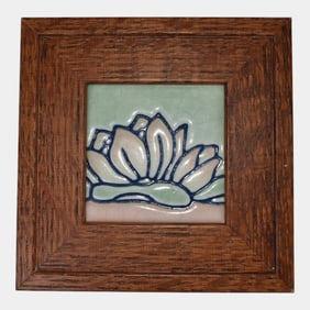 California Art Tile Co. Vintage Art Pottery Pink Green Water Lily Framed Tile