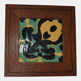 California Mission Style Art Pottery Black Yellow Floral Motif Framed Tile