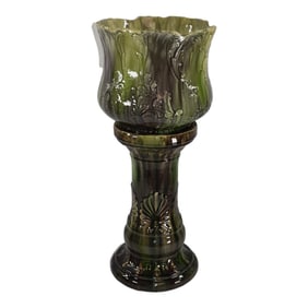 McCoy Blended Majolica Early 1900s Pottery Green Jardiniere and Pedestal
