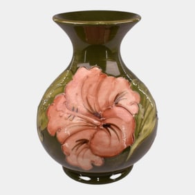 Moorcroft Art Pottery England 1920s Green Hibiscus Flower Vase