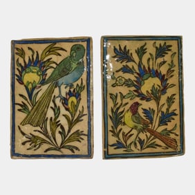 Persian Antique Art Pottery Ceramic Birds Amongst Flowers Tiles