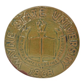 Pewabic 1950s Art Pottery Iridescent Wayne State University Coat Of Arms Plaque