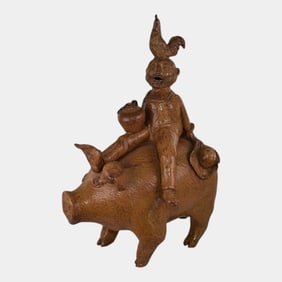 Rodney Leftwich Folk Art Pottery Stoneware Farm Scene Pig And Boy Figure