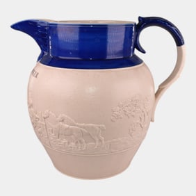 Antique English 1816 White Blue Salt Glazed Stoneware Fox Hunt Pitcher
