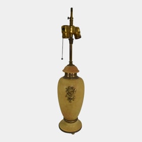 Weller Pottery Mottled Yellow Ceramic Lamp With Applied Brass Design