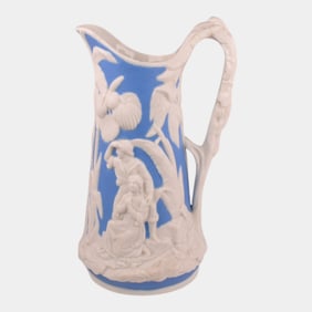 TJ & J Mayer Vintage Paul And Virginia White Blue Parian Ware Pitcher