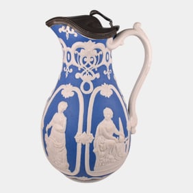 William Brownfield 1862 White Blue Parian Ware Pewter Lid Pitcher