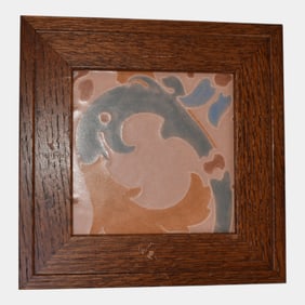 Art Nouveau Style Vintage Art Pottery Pink Blue Flowing Scroll Motif Framed Tile