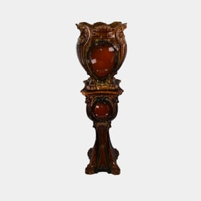 Art Nouveau Blended Majolica Griffin Head Claw Feet Massive Jardiniere Pedestal