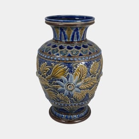 Doulton Lambeth English 1879 Vintage Art Pottery Blue Ceramic Vase