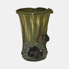 Ephraim Faience 2004 Hand Made Pottery Black Bears In Cave Ceramic Vase