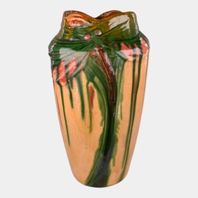 European Art Nouveau Art Pottery Drip Glaze Dragonfly In Relief Vase