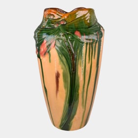 European Art Nouveau Art Pottery Drip Glaze Dragonfly In Relief Vase