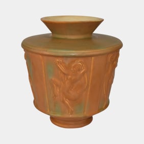 Muncie 1920s Art Pottery Matte Green Orange Dancing Nudes Lamp Vase Base U33