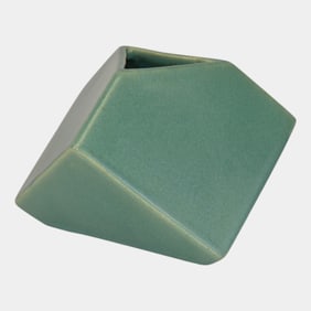 Muncie 1920s Ruba Rombic Vintage Art Deco Pottery Matte Green Cube Vase 310