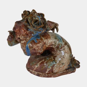 Dragon Skull And Roses With Cricket Ceramic Stoneware Sculpture