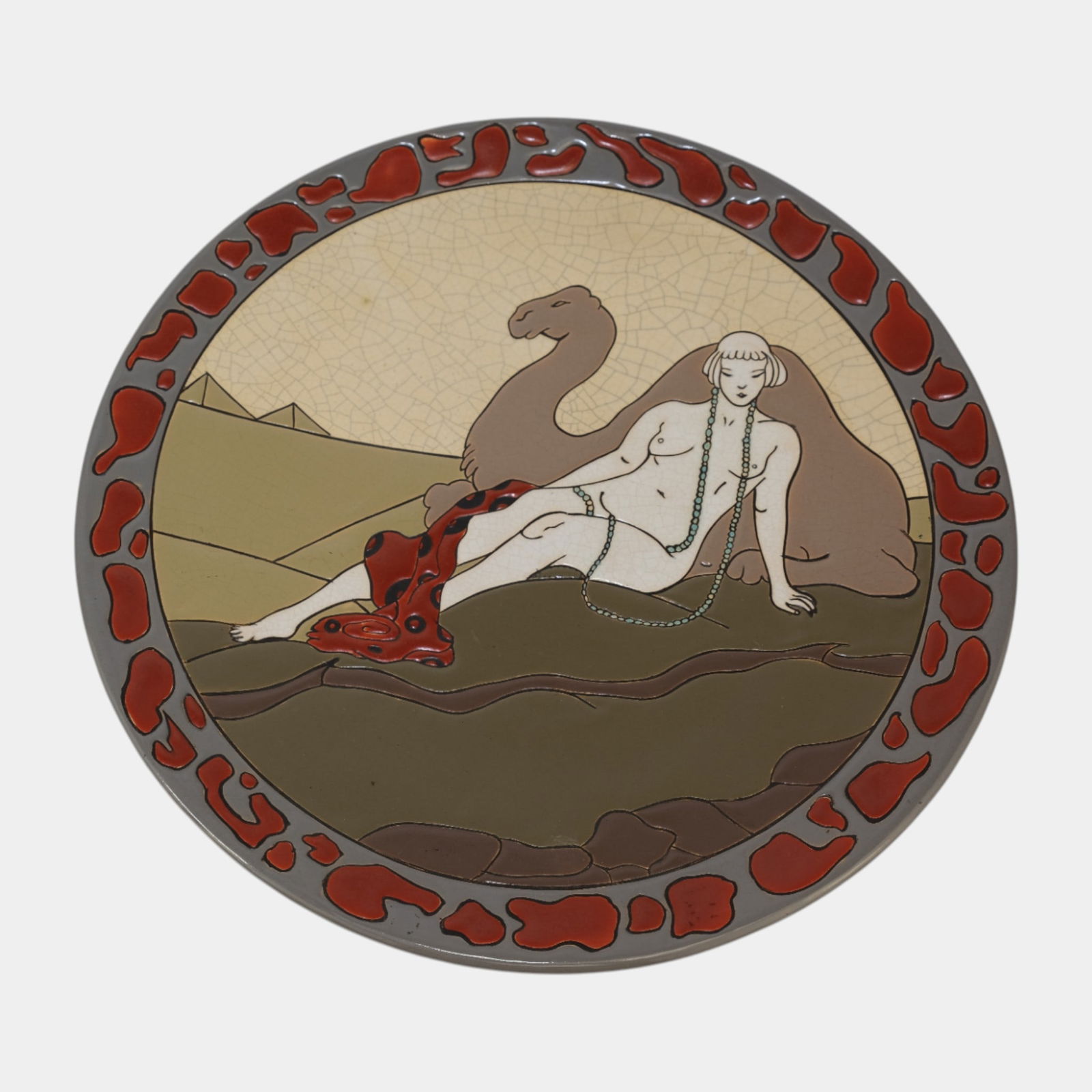 French Montieres Vintage Art Pottery Ceramic Art Deco Nude Desert Scene Charger: We offer in house shipping on all items. Plus spend $2000 on winning bids and your shipping is free. French Montieres Vintage Art Pottery Ceramic Art Deco Nude Desert Scene Charger Striking Montieres