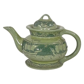 Roseville Della Robbia 1906 Pottery Green Sailing Ships Nautical Teapot 7