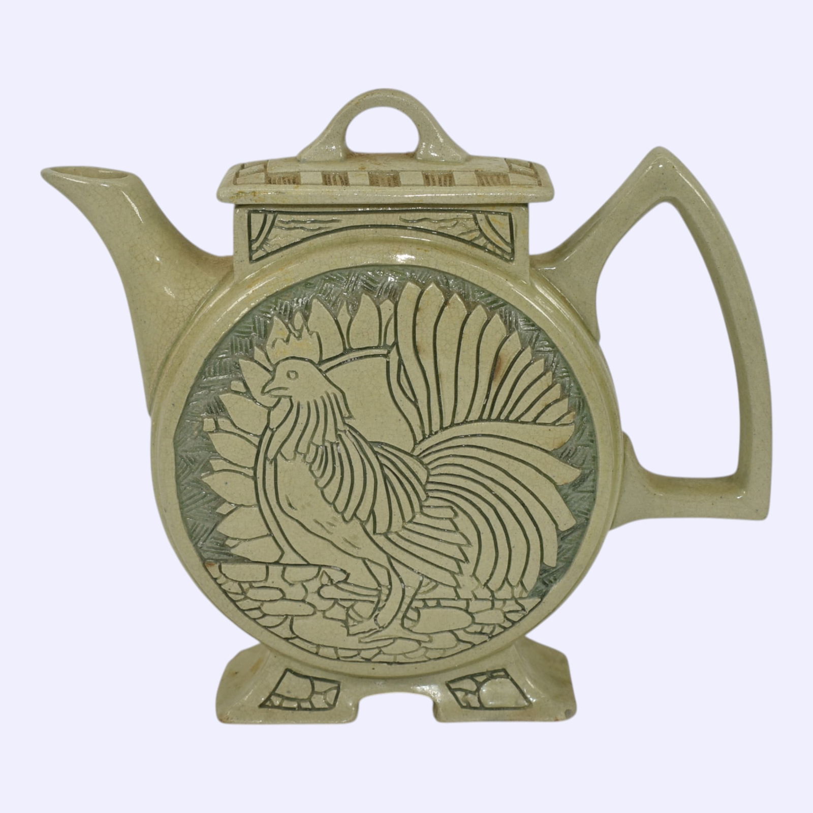 Roseville Rozane Della Robbia 1900s Art Pottery Green Owl Chicken Teapot (1 of 6)