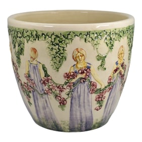 Weller Flemish Zona 1920s Pottery Woman And Garland Large Jardiniere Planter