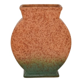 Weller 1920s Vintage Art Pottery Mottled Orange Green Glaze Variant Ceramic Vase