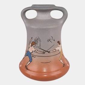 Weller Dickens Ware 1900s Vintage Art Pottery Blue Brown Fencing Vase 222