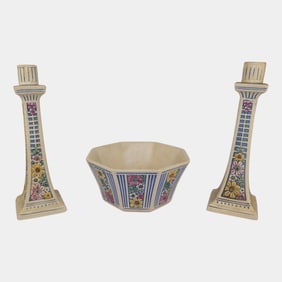 Weller Florala 1904 Vintage Pottery Bowl And Candle Holders