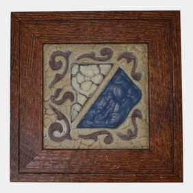 Wheatley Vintage Art Pottery Blue Geometric Arts And Crafts Framed Tile