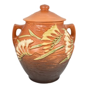 Roseville Freesia Brown 1945 Mid Century Modern Pottery Ceramic Cookie Jar 4-8
