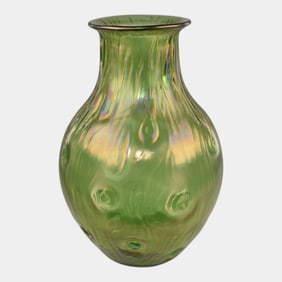 Loetz Rusticana Iridescent Green Textured Bulbous Art Glass Vase