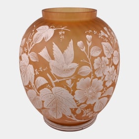 Thomas Webb Attrib. Vintage Cameo White Bird In Foliage Orange Glass Vase