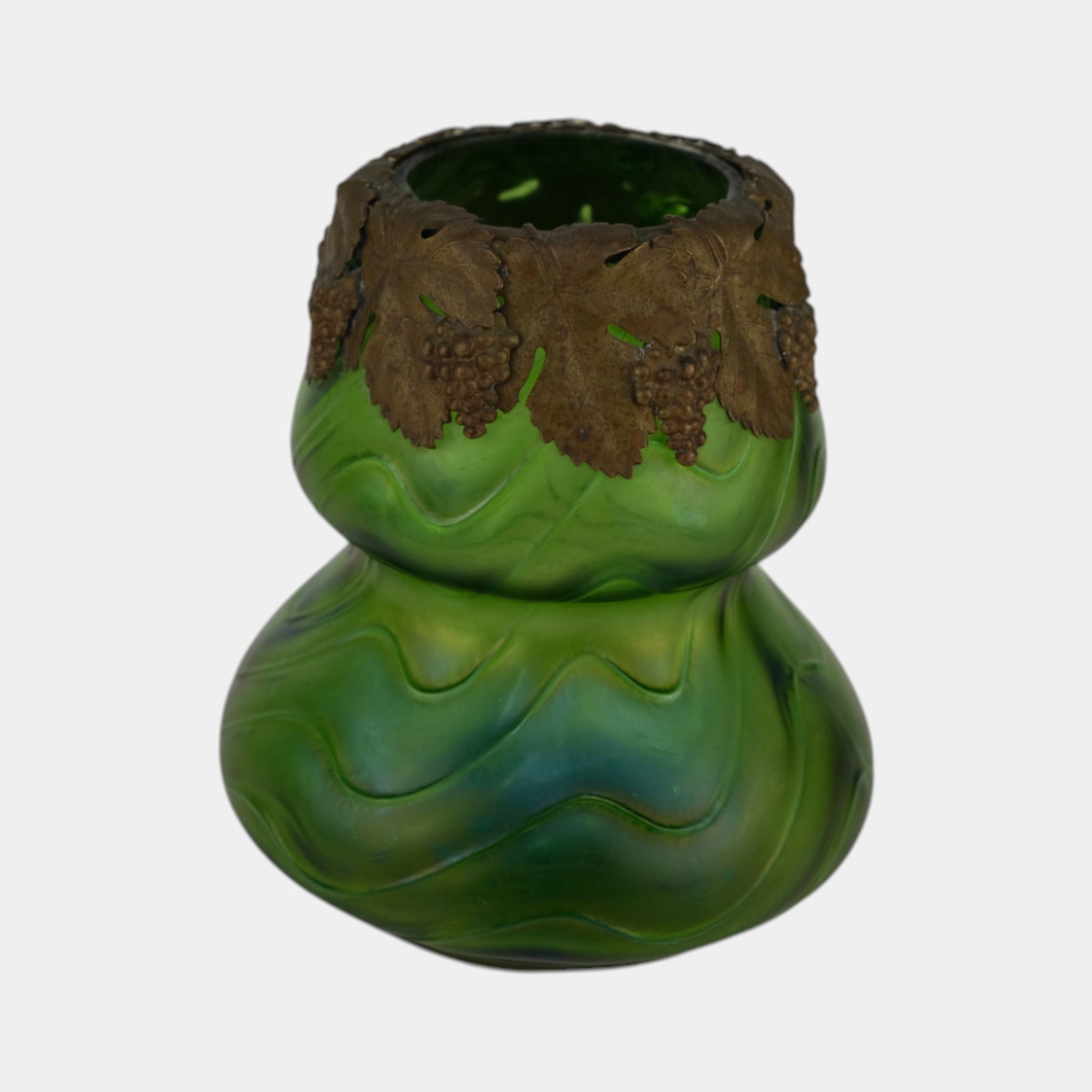 Loetz Style Art Nouveau Glass With Grapes And Leaves Metal Overlay: We offer in house shipping on all items. Plus spend $2000 on winning bids and your shipping is free. Loetz Style Art Nouveau Glass With Grapes And Leaves Metal Overlay Excellent condition. Age related