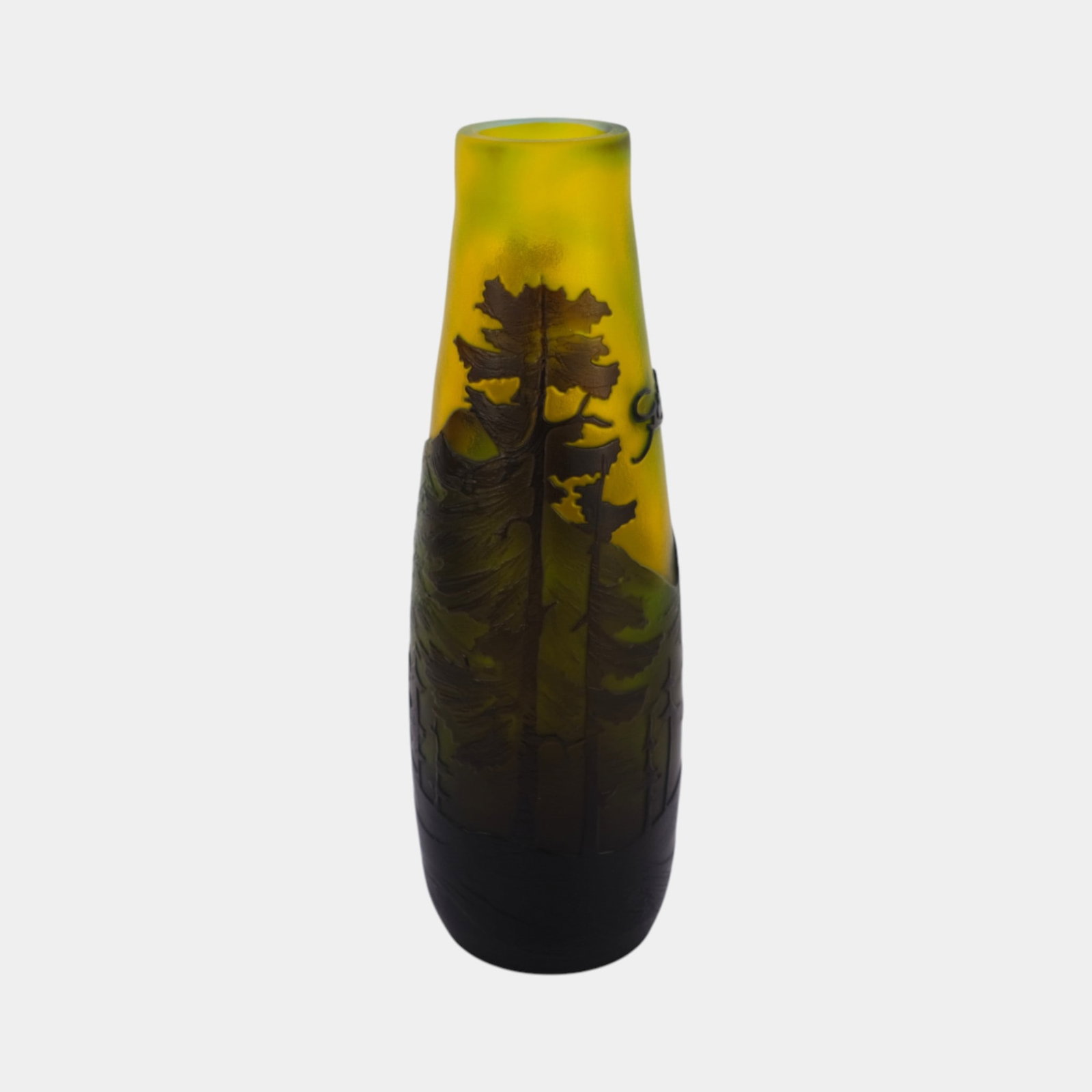 Galle Style Cut Cameo Glass Yellow Green Scenic Forest Vase: We offer in house shipping on all items. Plus spend $2000 on winning bids and your shipping is free Excellent original condition. No chips, cracks, damage or repair of any kind. Body signed with Galle