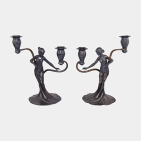 WMF German Art Nouveau Gilt Pewter Swirled Base Figural Maiden Candelabras