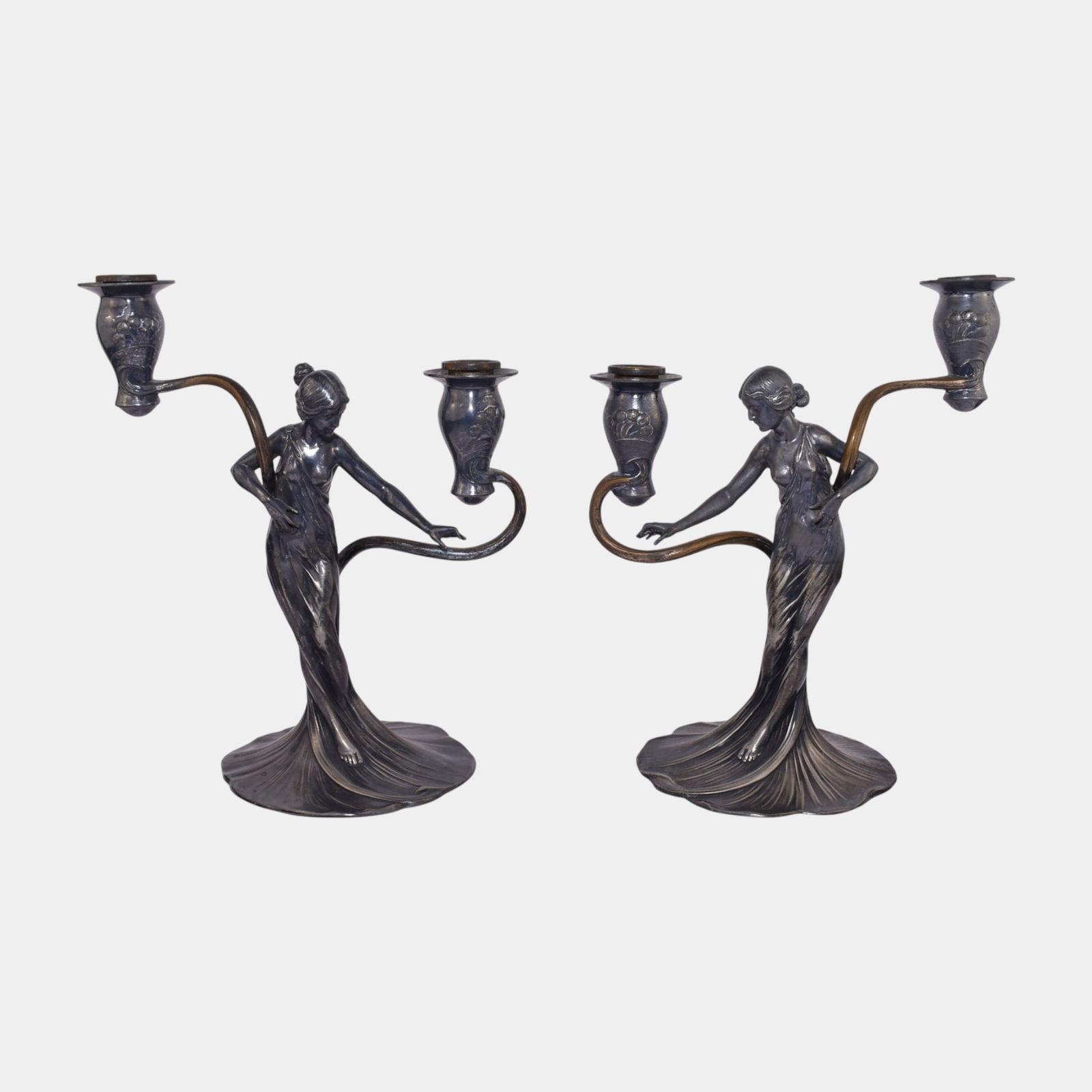 WMF German Art Nouveau Gilt Pewter Swirled Base Figural Maiden Candelabras: We offer in house shipping on all items. Plus spend $2000 on winning bids and your shipping is free. WMF German Art Nouveau Gilt Pewter Swirled Base Figural Maiden Candelabras Pair of WMF Art Nouveau