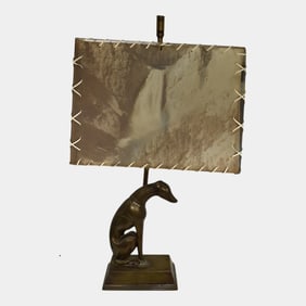 Antique Bronze Greyhound Whippet Dog Lamp with Waterfall Scenic Shade