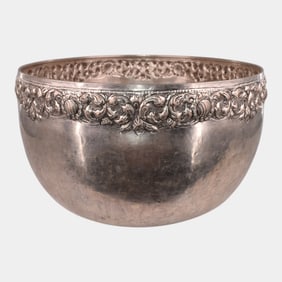 Thai Burmese 1900 Vintage Sterling Silver Handwrought Repousse Offering Bowl