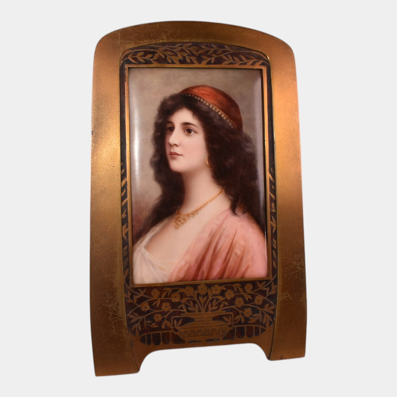 Giuseppe Melli Porcelain Portrait Plaque In Bronze Art Nouveau Stand Up Frame: We offer in house shipping on all items. Plus spend $2000 on winning bids and your shipping is free. Giuseppe Melli Porcelain Portrait Plaque In Bronze Art Nouveau Stand Up Frame Beautifully hand-pain