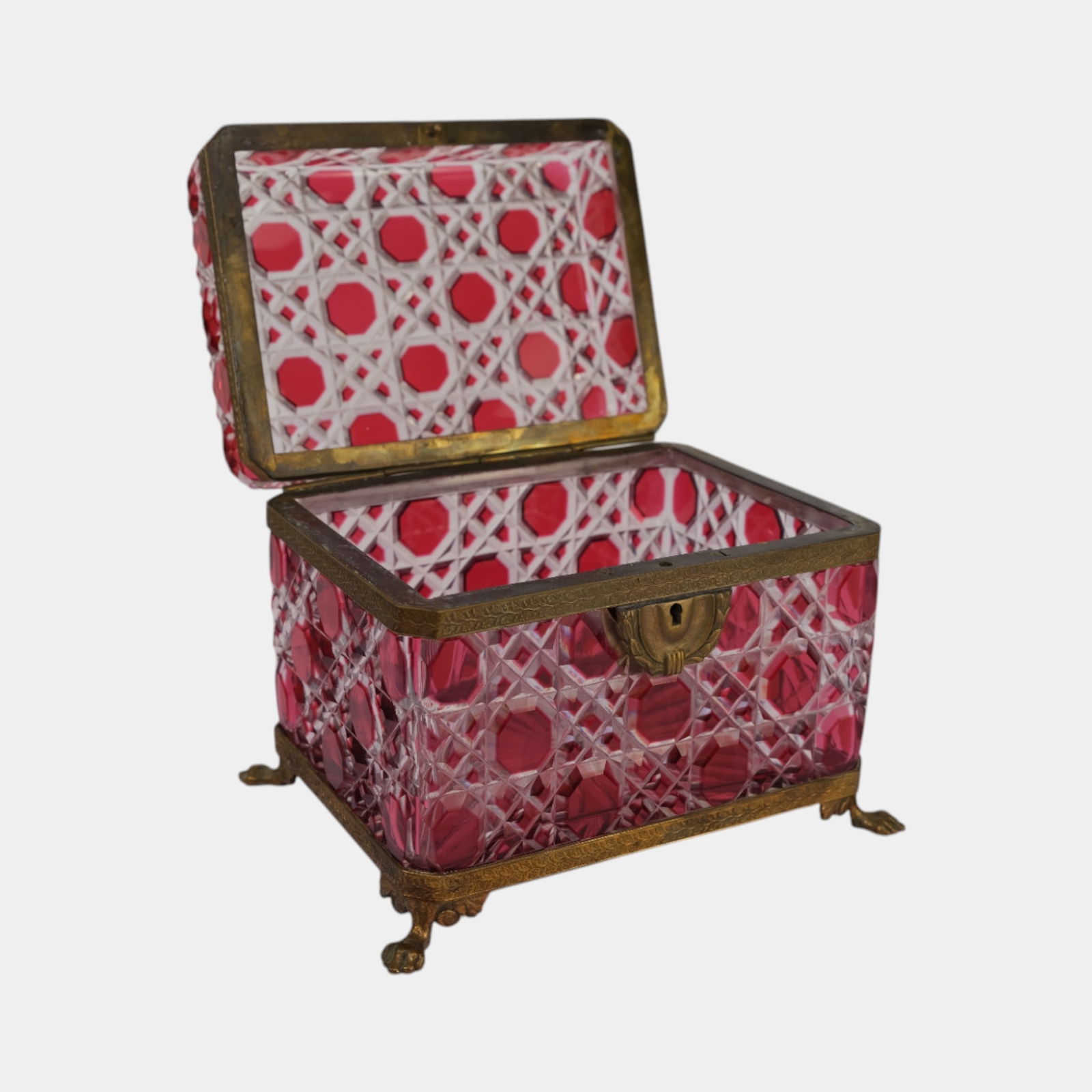 Baccarat French Cranberry Cut To Clear Crystal Paw Footed Casket Bronze Accents (1 of 8)