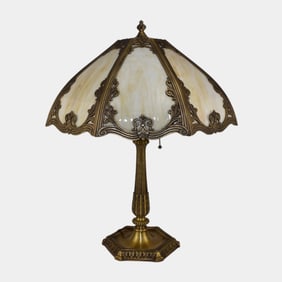 Art Nouveau 8 Panel Slag Glass Table Lamp With Ornate Overlay Shade
