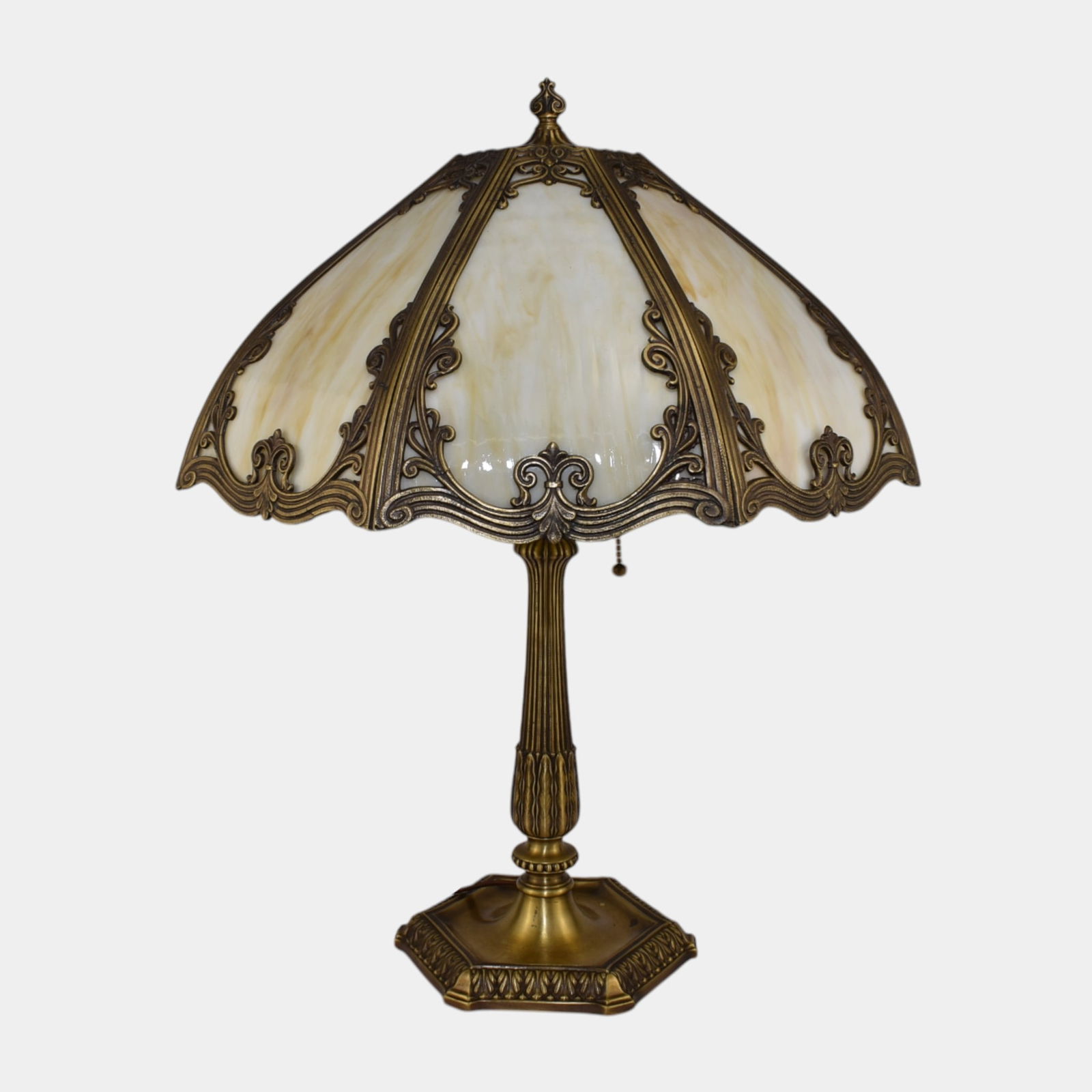 Art Nouveau 8 Panel Slag Glass Table Lamp With Ornate Overlay Shade (1 of 9)