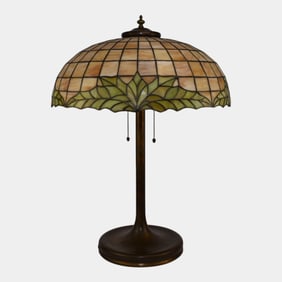 Lamb Brothers Arts & Crafts Stained Leaded Glass Bronze Base Table Lamp