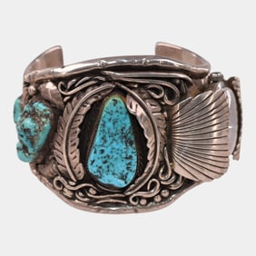 Navajo Heavy Silver Cuff With Turquoise With Gruen Veri-Thin Precision Watch