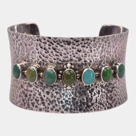 Handwrought Hammered Surface Sterling Silver Cuff Turquoise And Green Stones
