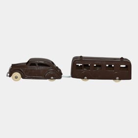 Vintage 1936 Tootsie Toy Steel Brown Chrysler Desoto Airflow & Trailer