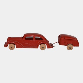 Vintage 1930s Arcade Cast Iron Sedan & Mullins Red Cap Trailer in Red