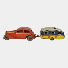 Bristish Vintage Mettoy Tin Wind-Up Two Tone Saloon Car and Trailer
